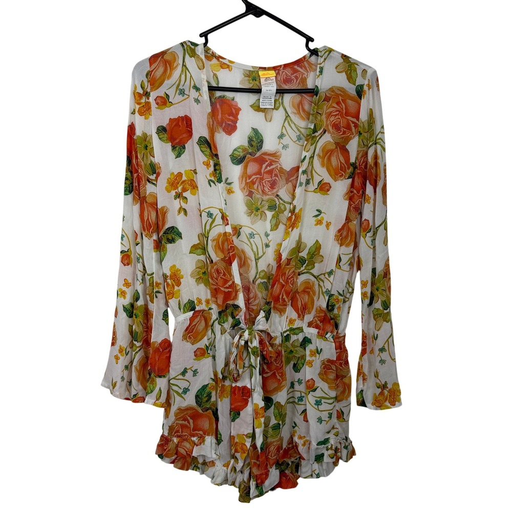Agua Bendita Romper Womens Medium White Floral Print Ruffle Hem Deep V Neck Tie